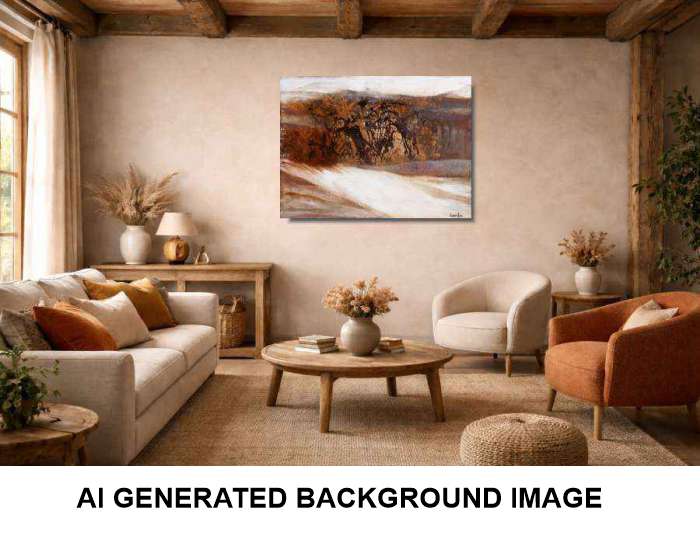 An original landscape artwork hangs on a beige wall in a styled living room with a sofa, armchair, coffee table, and decorative plants. The artwork depicts nature with brown trees on white sand.