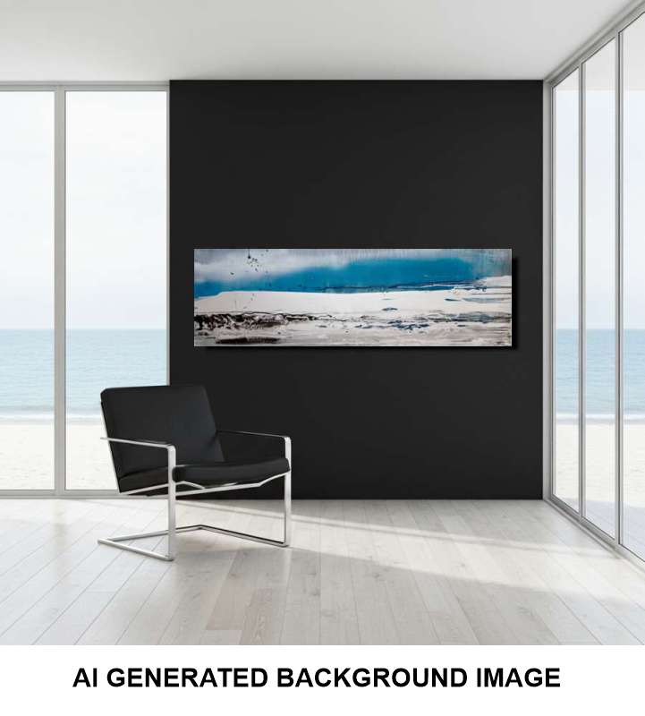 A panoramic abstract landscape wall artwork featuring blue, silver, and gray tones, displayed on a black wall in a modern room setting with a black chair and large windows. A white banner at the bottom reads 'AI GENERATED BACKGROUND IMAGE'.