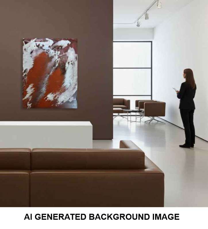 An abstract painting with orange, silver, and brown colours hangs on a dark brown wall in a modern office or gallery space. A person in a black suit stands near a window in the background, and a brown leather sofa is visible in the foreground.