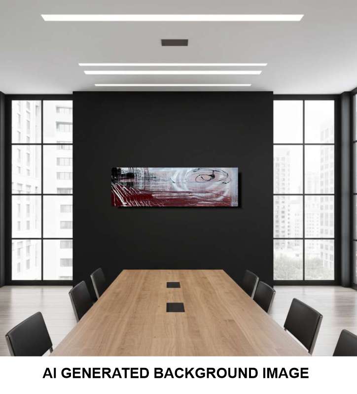 A modern conference room with a long wooden table, black chairs, and a large black wall featuring a wide abstract canvas artwork in red, white, and gray. The image has a white border at the bottom with the text 'AI GENERATED BACKGROUND IMAGE'.