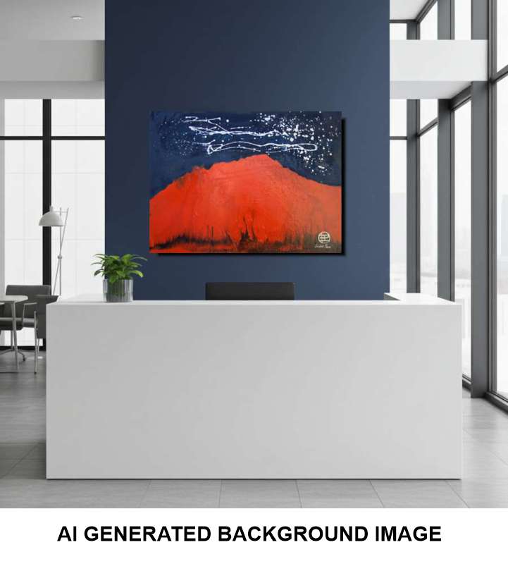 A canvas artwork depicting a vibrant red mountain under a dark blue starry sky, displayed on a dark blue wall above a white reception desk in a modern office setting. The image has a text overlay at the bottom reading 'AI GENERATED BACKGROUND IMAGE'.
