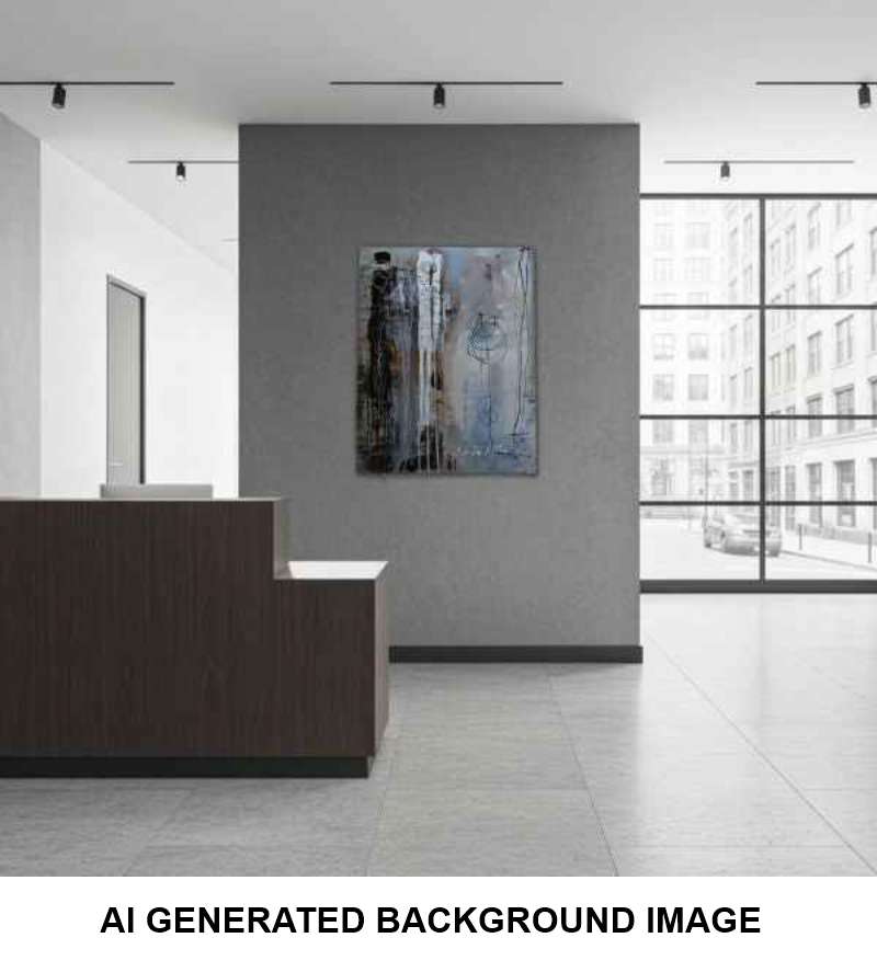 An abstract canvas print with vertical brushstrokes in black, gray, and white, displayed on a gray wall in a modern office lobby. The image has a white bottom banner with the text 'AI GENERATED BACKGROUND IMAGE'.
