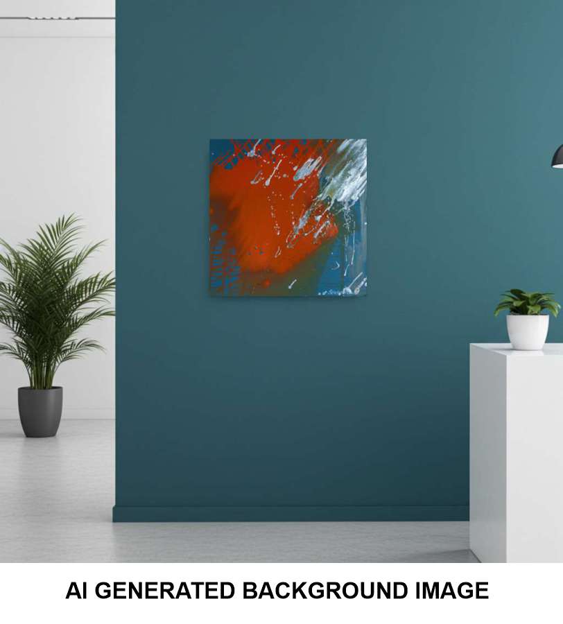 Abstract wall art featuring bold orange, turquoise and silver colours, displayed on a dark teal wall in a modern room setting with a potted plant and white pedestal. Text at the bottom reads 'AI GENERATED BACKGROUND IMAGE'.
