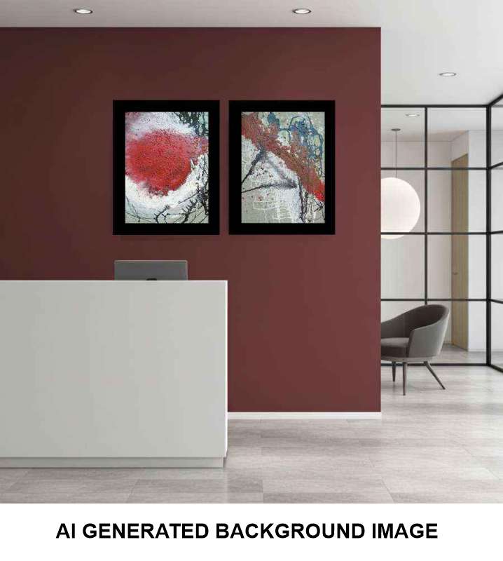 Two framed abstract paintings with red, white, and black designs displayed on a dark reddish-brown wall in a modern office lobby setting. A white reception desk is in the foreground, and a glass-walled office space is visible on the right.
