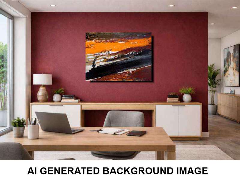 An abstract landscape canvas print with vibrant orange, black, and white brushstrokes, displayed on a textured dark red wall in a modern office setting. The room features a wooden desk, gray chairs, a console table, and plants.