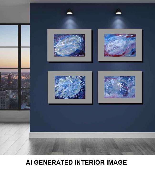 Four framed abstract blue paintings arranged in a 2x2 grid on a dark blue wall in a modern room, with a window showing a city view at dusk. A large text overlay at the bottom reads 'AI GENERATED INTERIOR IMAGE'.