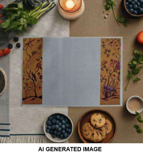A yellow and cream textile placemat with birds and roses