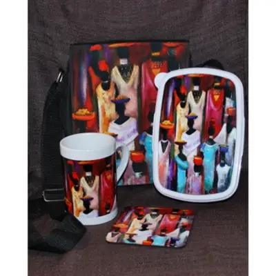 An Ethnic Sling Bag; lunch box, slim mug and coaster