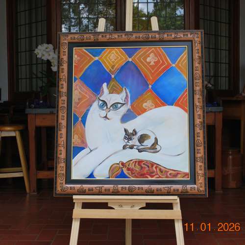 1996 Playful Whiskers Contemporary Acrylic Cat Paintings - Boho Cat Dreams