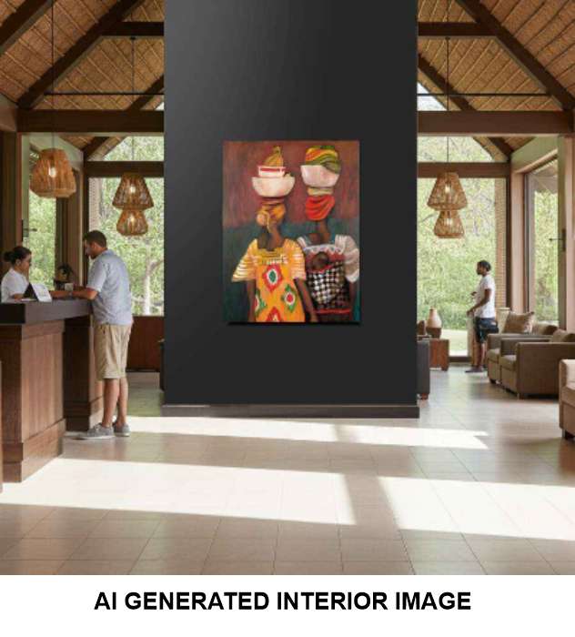 A canvas art print depicting two stylized figures in colorful traditional clothing is displayed on a dark gray pillar inside a modern, sunlit lodge lobby. The image features a white banner at the bottom with the text 'AI GENERATED INTERIOR IMAGE'.