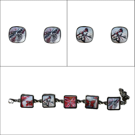 Butterfly bracelet with two sets of earrings