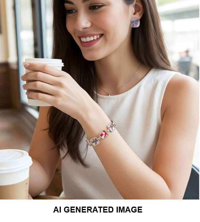 A woman in a white sleeveless top holds a takeaway coffee cup while wearing a silver-toned bracelet and matching earrings. The image has an 'AI GENERATED IMAGE' text overlay at the bottom.