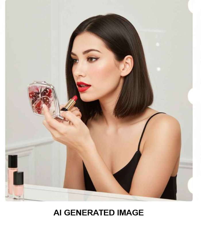 A woman with a straight dark bob haircut applies red lipstick while looking into a compact mirror. She is wearing a black spaghetti-strap top, and two small pink cosmetic bottles sit on the counter beside her.