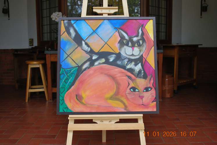 1996 Happy Cat Playful Contemporary Wall Art - Cheerful_Cats_Framed_Contemporary_Decorative_Acrylic_Art_Photographed