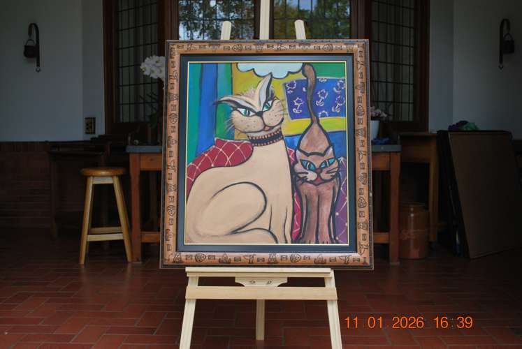 1996 Playful Whiskers Contemporary Acrylic Cat Paintings - Curious Cat