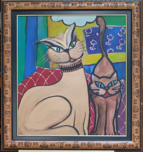 1996 Playful Whiskers Contemporary Acrylic Cat Paintings - Curious Cat