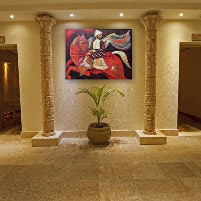 Dark Horse. A fantasy painting in burgundy colour set against an Egyptian interior.