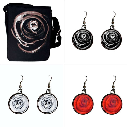 Black bag with rose design and four pairs of rose-themed earrings on a white background - idalet and erica
