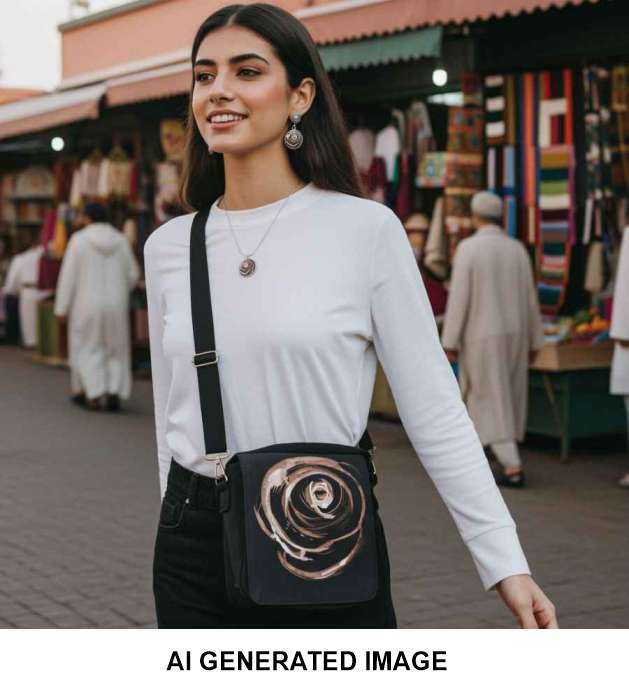 A woman wearing a white long-sleeve top and black pants carries a black crossbody bag with a large abstract rose design on the front. The background shows a blurred outdoor market scene with people and colourful textiles.