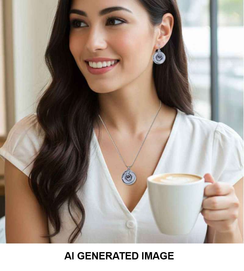 A woman in a white top holding a white coffee cup, wearing a silver - coloured necklace with matching drop earrings with abstract artwork depicting a white rose. The image has a text overlay at the bottom reading 'AI GENERATED IMAGE'.