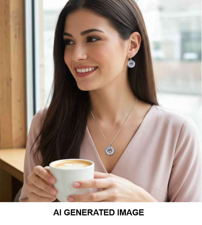 A woman in a light pink top holding a white coffee cup, wearing a silver - coloured necklace with matching drop earrings with abstract artwork depicting a white rose. The image has a text overlay at the bottom reading 'AI GENERATED IMAGE'.
