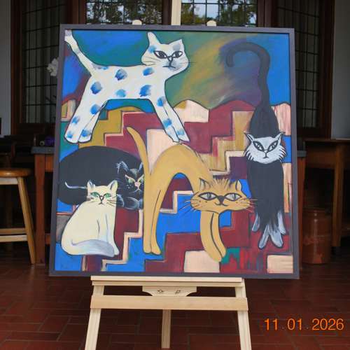 1996 Feline Fantasy Quirky Boho Cat Paintings