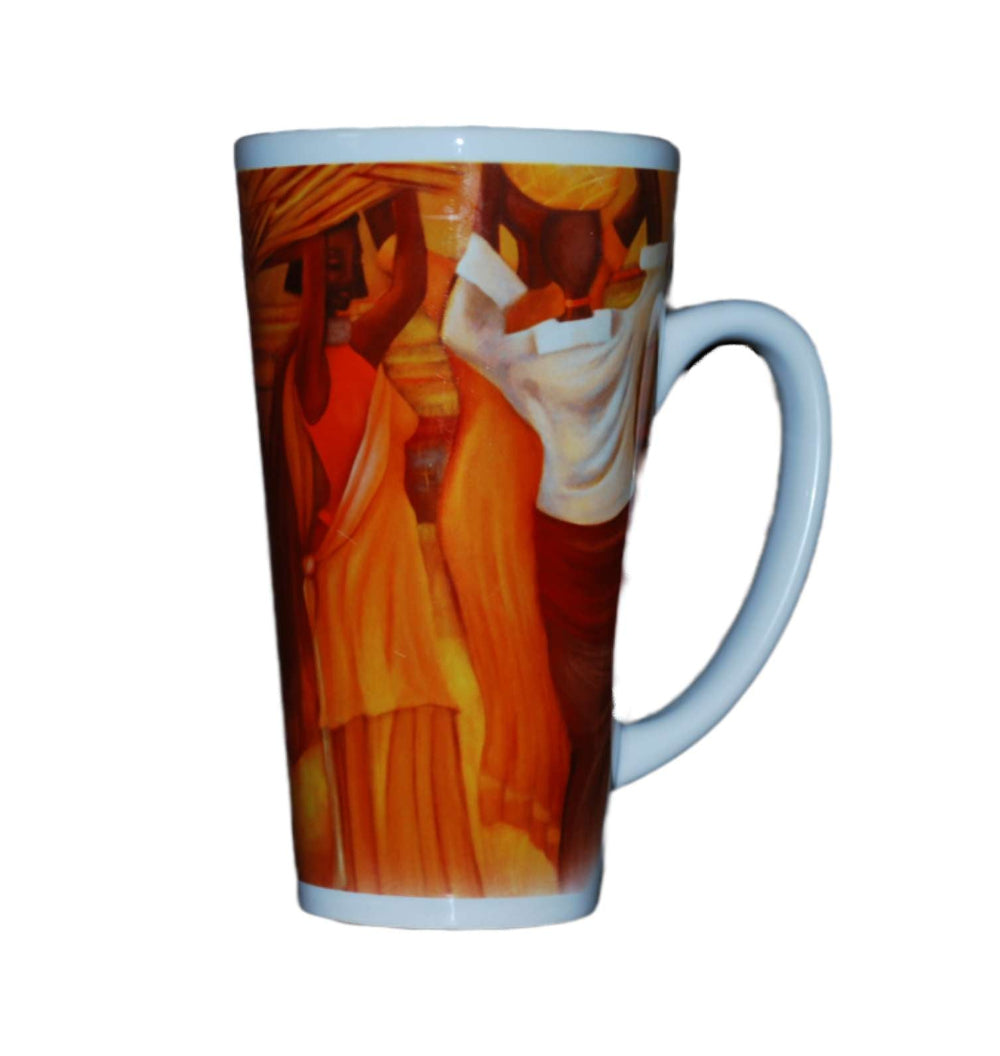 Mug with colourful artwork on a white background