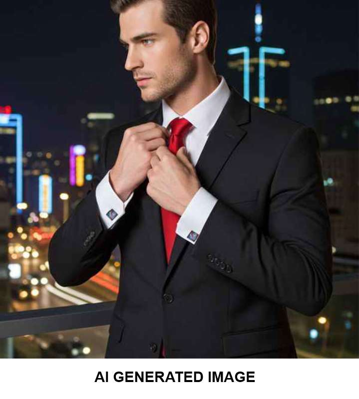 A man in a dark navy suit, white dress shirt, and red tie adjusting his collar, set against a blurred city skyline at night. A white banner at the bottom reads 'AI GENERATED IMAGE'.