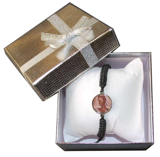 Khokana. A black fabric bracelet with artwork on a metal disc - idalet and erica