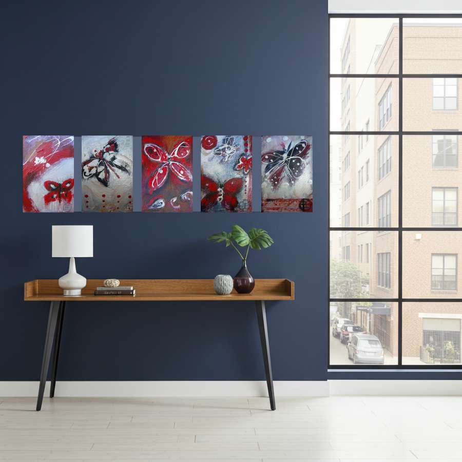 Modern butterfly prints on canvas in red