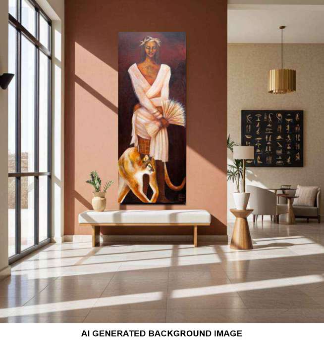 A tall vertical wall artwork showing a figure in white draped clothing with a wheat sheaf and a lion, displayed in a modern interior hallway. The image includes the text 'AI GENERATED BACKGROUND IMAGE' at the bottom.