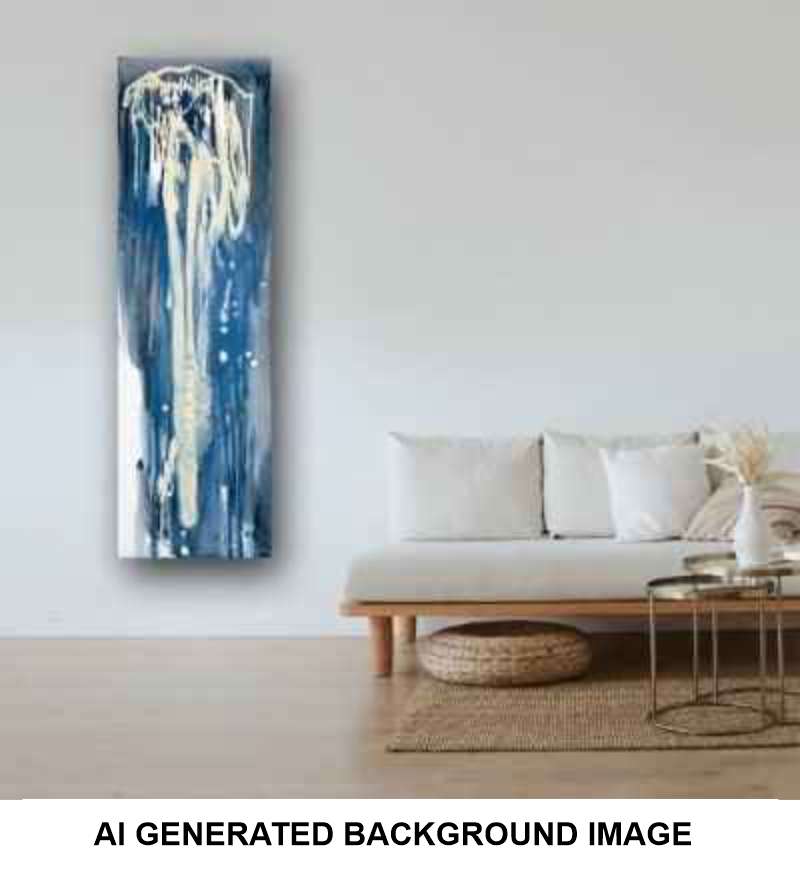 Abstract vertical canvas wall art with blue, white, and gray brushstrokes, shown hanging on a light wall above a minimalist sofa in a styled interior. Text at the bottom reads 'AI GENERATED BACKGROUND IMAGE'.