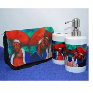 Personal Ornament Toothbrush and Soap Dispenser Set with ladies toiletries bag.