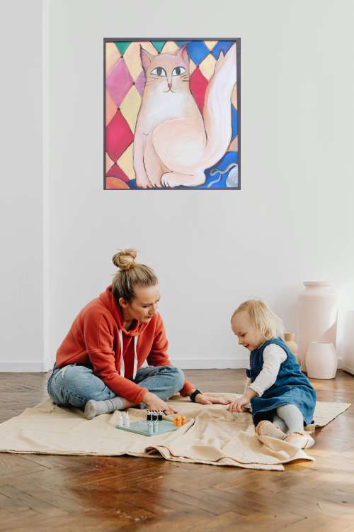 1996 Happy Cat Playful Contemporary Wall Art - Playtime Kitty Vibrant Modern Cat Wall Art