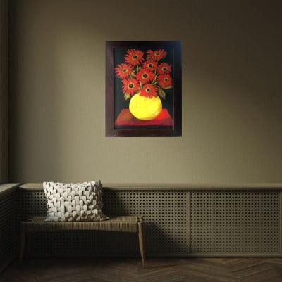 2003. Yellow vase with red daisies still life painting. - defineartgifts