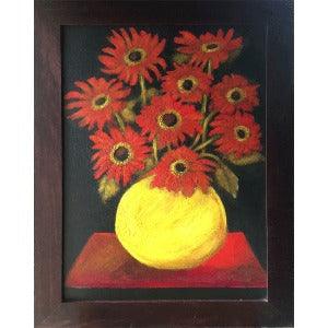 2003. Yellow vase with red daisies still life painting. - defineartgifts