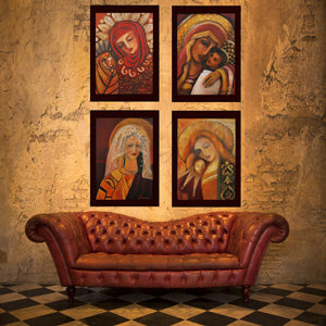 Four paintings scaled to a rustic interior.
