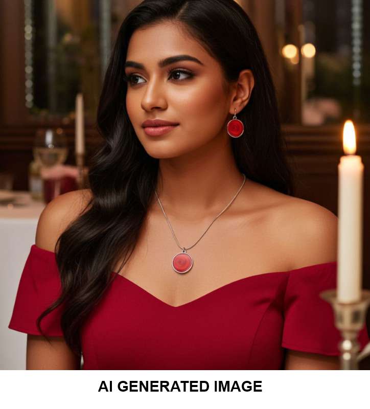 A woman with long dark hair is shown in a warmly lit indoor setting, wearing a red off-the-shoulder top, a silver pendant necklace with a red circular medallion, and matching red drop earrings. A lit candle is visible in the foreground, and text at the bottom reads 'AI GENERATED IMAGE'.