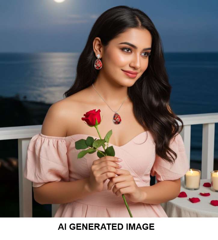 A woman in a light pink off-the-shoulder dress stands on a balcony overlooking the ocean at dusk, holding a red rose. She is wearing a matching necklace and earrings.