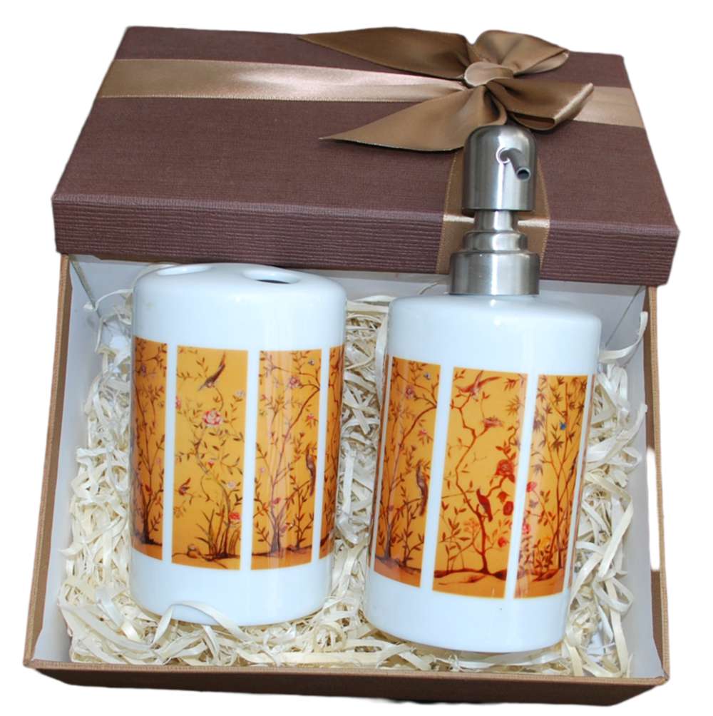 Yellow panels. A toothbrush holder and soap dispenser set.