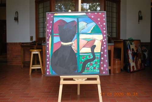 1996 Whimsical Feline Modern Acrylic Cat Paintings with date