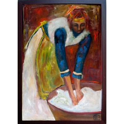 Woman doing laundry painting