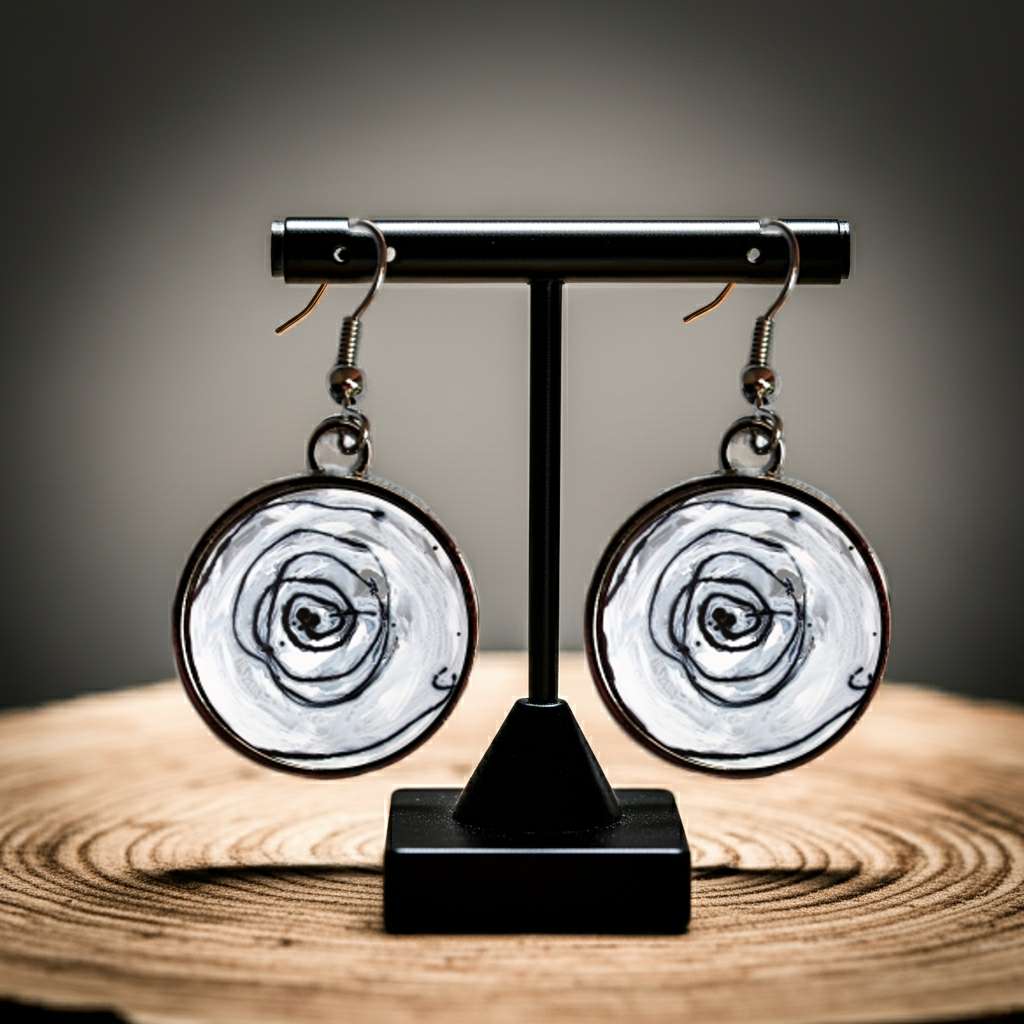 Desert White Rose. Modern round drop earrings for women - idalet and erica