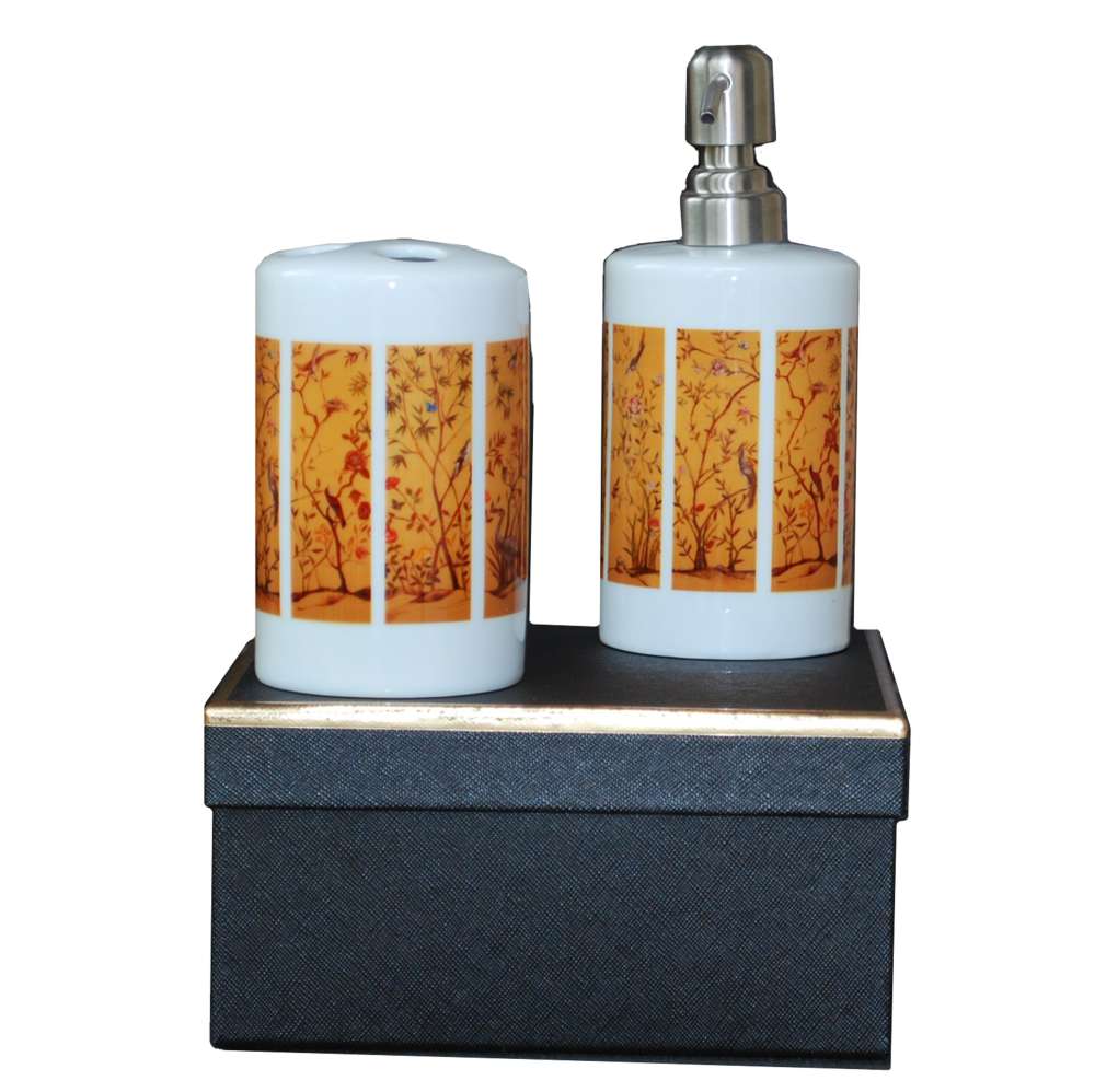 Yellow panels. A toothbrush holder and soap dispenser set.