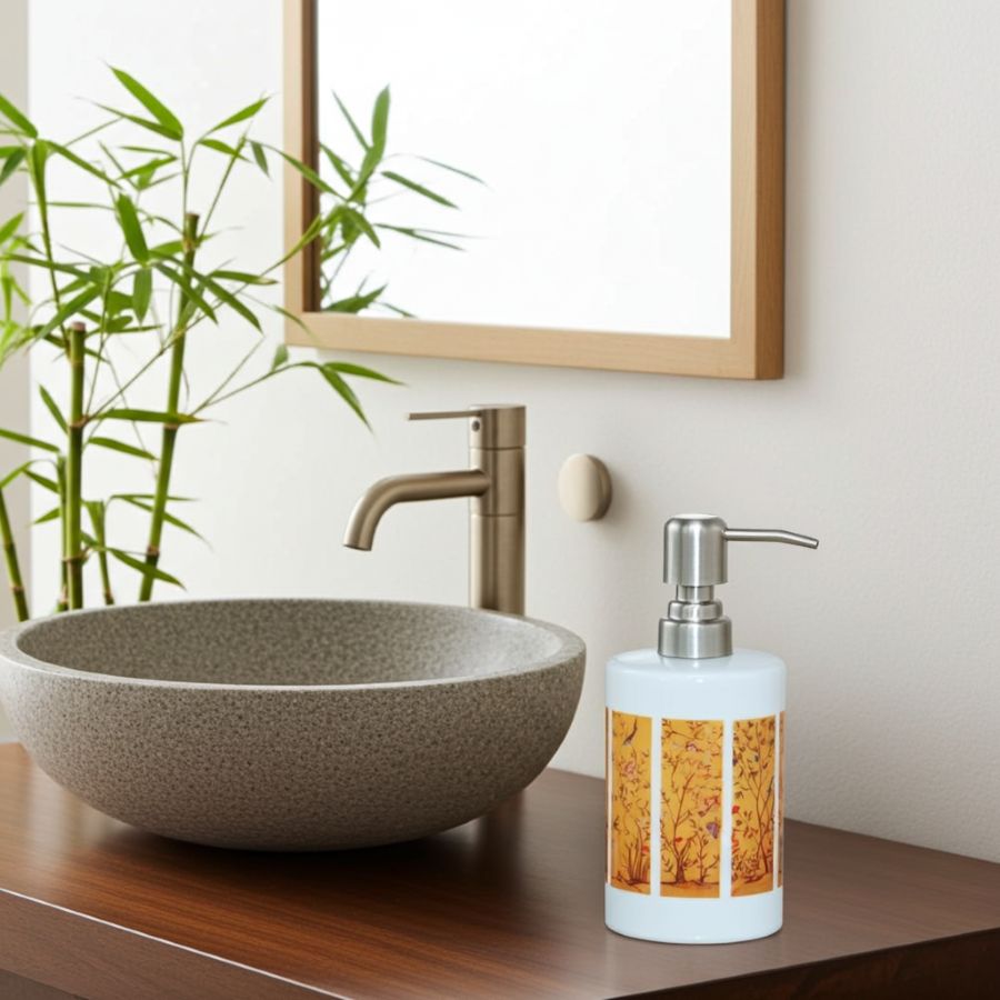 Yellow panels-A brush holder and soap dispenser set