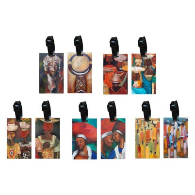 Colourful ethnic luggage tags.