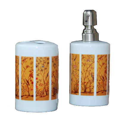 Yellow panels-A brush holder and soap dispenser set